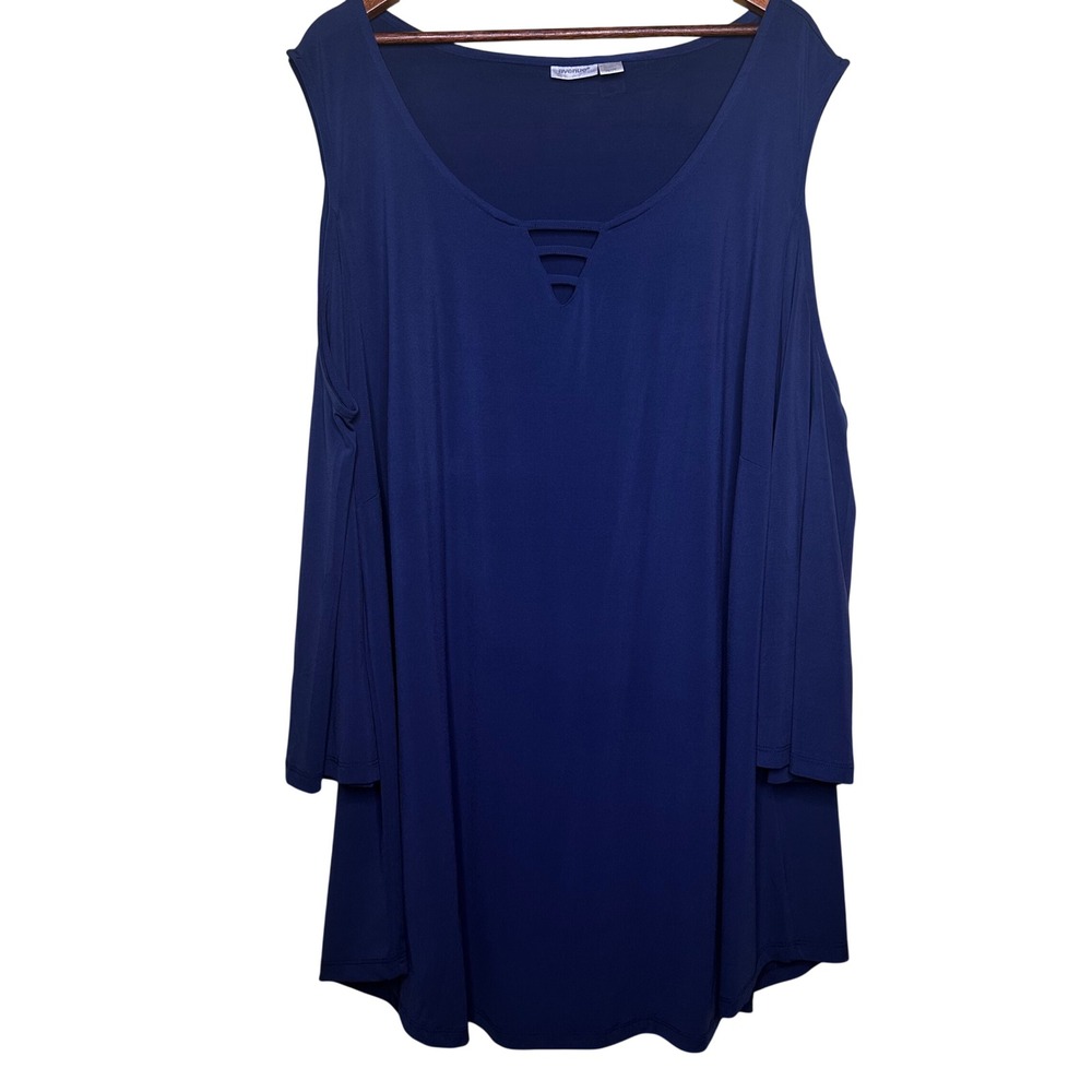 Avenue Womens 2X Blue Cold Shoulder Tunic Top Lattice Neck 3/4 Sleeve Blouse